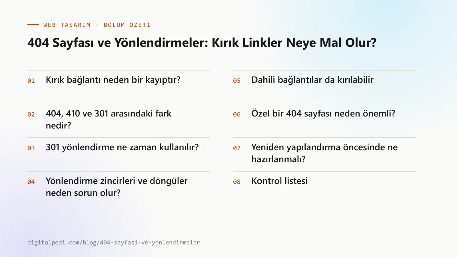 404 Sayfası ve Yönlendirmeler: Kırık Linkler Neye Mal Olur? — bölüm özeti: Kırık bağlantı neden bir kayıptır?; 404, 410 ve 301 arasındaki fark nedir?; 301 yönlendirme ne zaman kullanılır?; Yönlendirme zincirleri ve döngüler neden sorun olur?; Dahili bağlantılar da kırılabilir; Özel bir 404 sayfası neden önemli?; Yeniden yapılandırma öncesinde ne hazırlanmalı?; Kontrol listesi