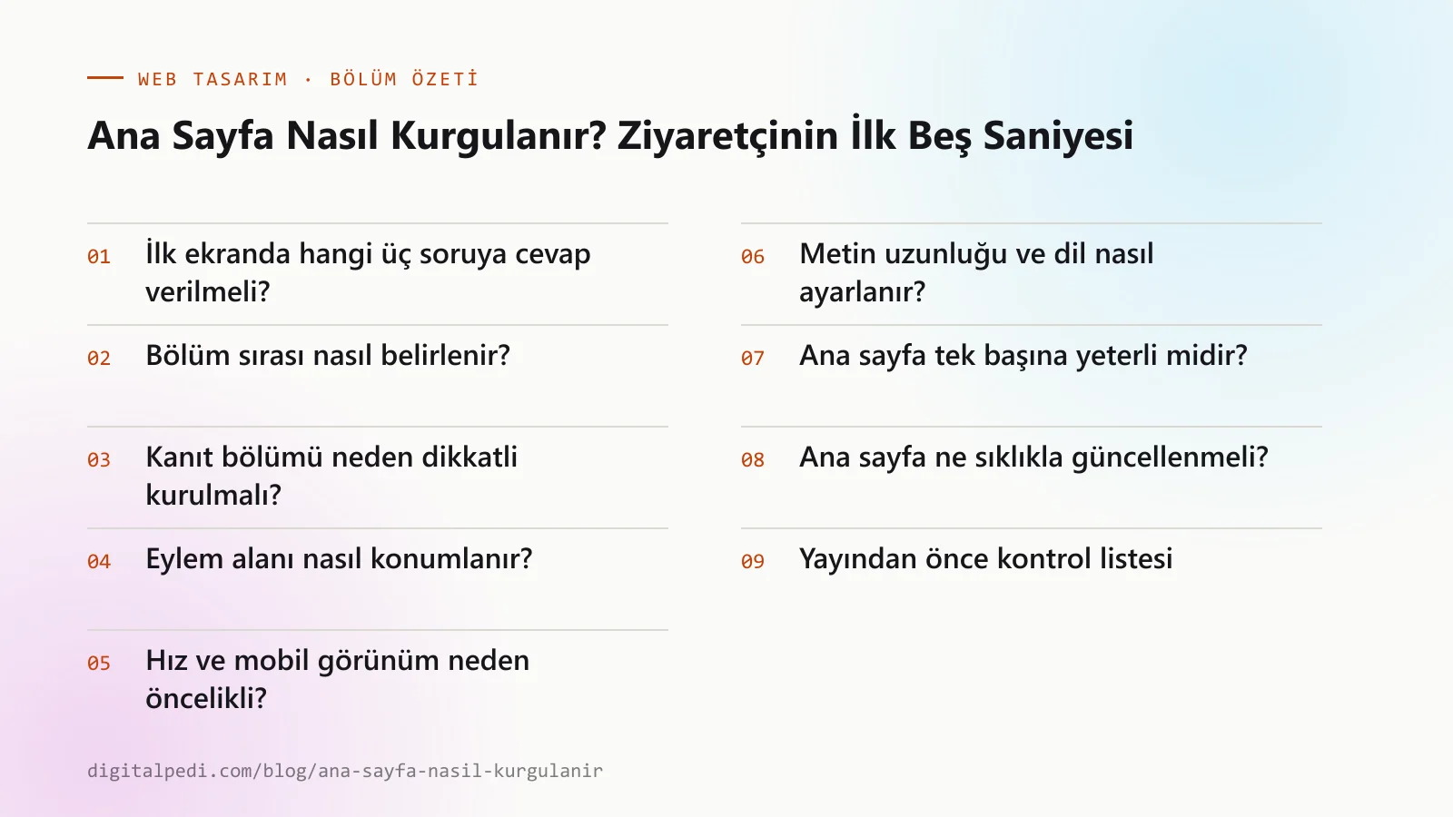 Ana Sayfa Nasıl Kurgulanır? Ziyaretçinin İlk Beş Saniyesi — bölüm özeti: İlk ekranda hangi üç soruya cevap verilmeli?; Bölüm sırası nasıl belirlenir?; Kanıt bölümü neden dikkatli kurulmalı?; Eylem alanı nasıl konumlanır?; Hız ve mobil görünüm neden öncelikli?; Metin uzunluğu ve dil nasıl ayarlanır?; Ana sayfa tek başına yeterli midir?; Ana sayfa ne sıklıkla güncellenmeli?; Yayından önce kontrol listesi