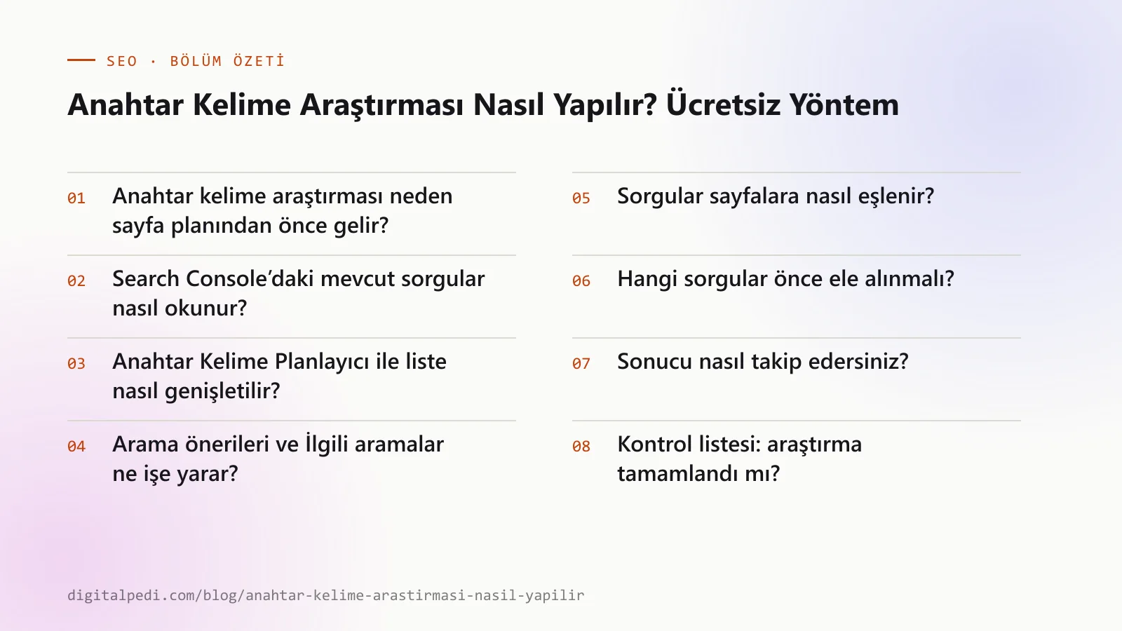 Anahtar Kelime Araştırması Nasıl Yapılır? Ücretsiz Yöntem — bölüm özeti: Anahtar kelime araştırması neden sayfa planından önce gelir?; Search Console’daki mevcut sorgular nasıl okunur?; Anahtar Kelime Planlayıcı ile liste nasıl genişletilir?; Arama önerileri ve İlgili aramalar ne işe yarar?; Sorgular sayfalara nasıl eşlenir?; Hangi sorgular önce ele alınmalı?; Sonucu nasıl takip edersiniz?; Kontrol listesi: araştırma tamamlandı mı?