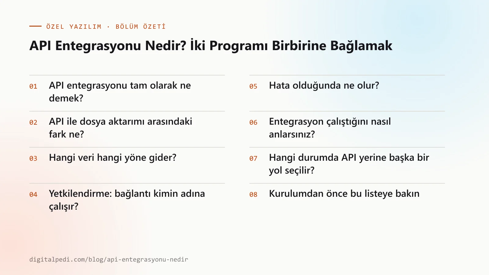 API Entegrasyonu Nedir? İki Programı Birbirine Bağlamak — bölüm özeti: API entegrasyonu tam olarak ne demek?; API ile dosya aktarımı arasındaki fark ne?; Hangi veri hangi yöne gider?; Yetkilendirme: bağlantı kimin adına çalışır?; Hata olduğunda ne olur?; Entegrasyon çalıştığını nasıl anlarsınız?; Hangi durumda API yerine başka bir yol seçilir?; Kurulumdan önce bu listeye bakın