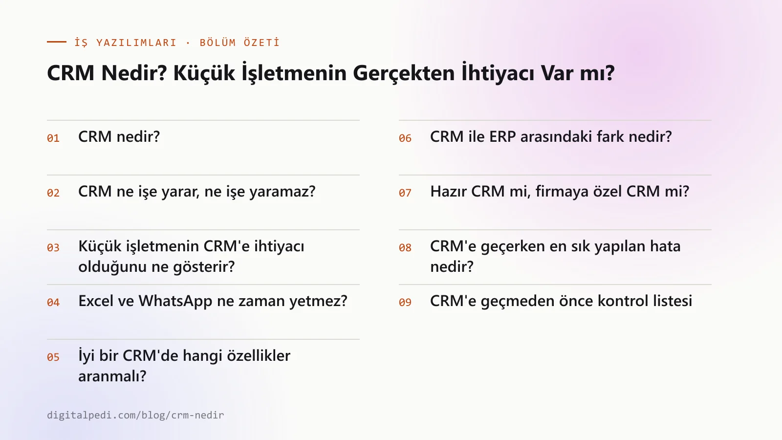 CRM Nedir? Küçük İşletmenin Gerçekten İhtiyacı Var mı? — bölüm özeti: CRM nedir?; CRM ne işe yarar, ne işe yaramaz?; Küçük işletmenin CRM’e ihtiyacı olduğunu ne gösterir?; Excel ve WhatsApp ne zaman yetmez?; İyi bir CRM’de hangi özellikler aranmalı?; CRM ile ERP arasındaki fark nedir?; Hazır CRM mi, firmaya özel CRM mi?; CRM’e geçerken en sık yapılan hata nedir?; CRM’e geçmeden önce kontrol listesi