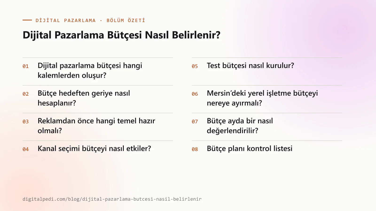 Dijital Pazarlama Bütçesi Nasıl Belirlenir? — bölüm özeti: Dijital pazarlama bütçesi hangi kalemlerden oluşur?; Bütçe hedeften geriye nasıl hesaplanır?; Reklamdan önce hangi temel hazır olmalı?; Kanal seçimi bütçeyi nasıl etkiler?; Test bütçesi nasıl kurulur?; Mersin’deki yerel işletme bütçeyi nereye ayırmalı?; Bütçe ayda bir nasıl değerlendirilir?; Bütçe planı kontrol listesi