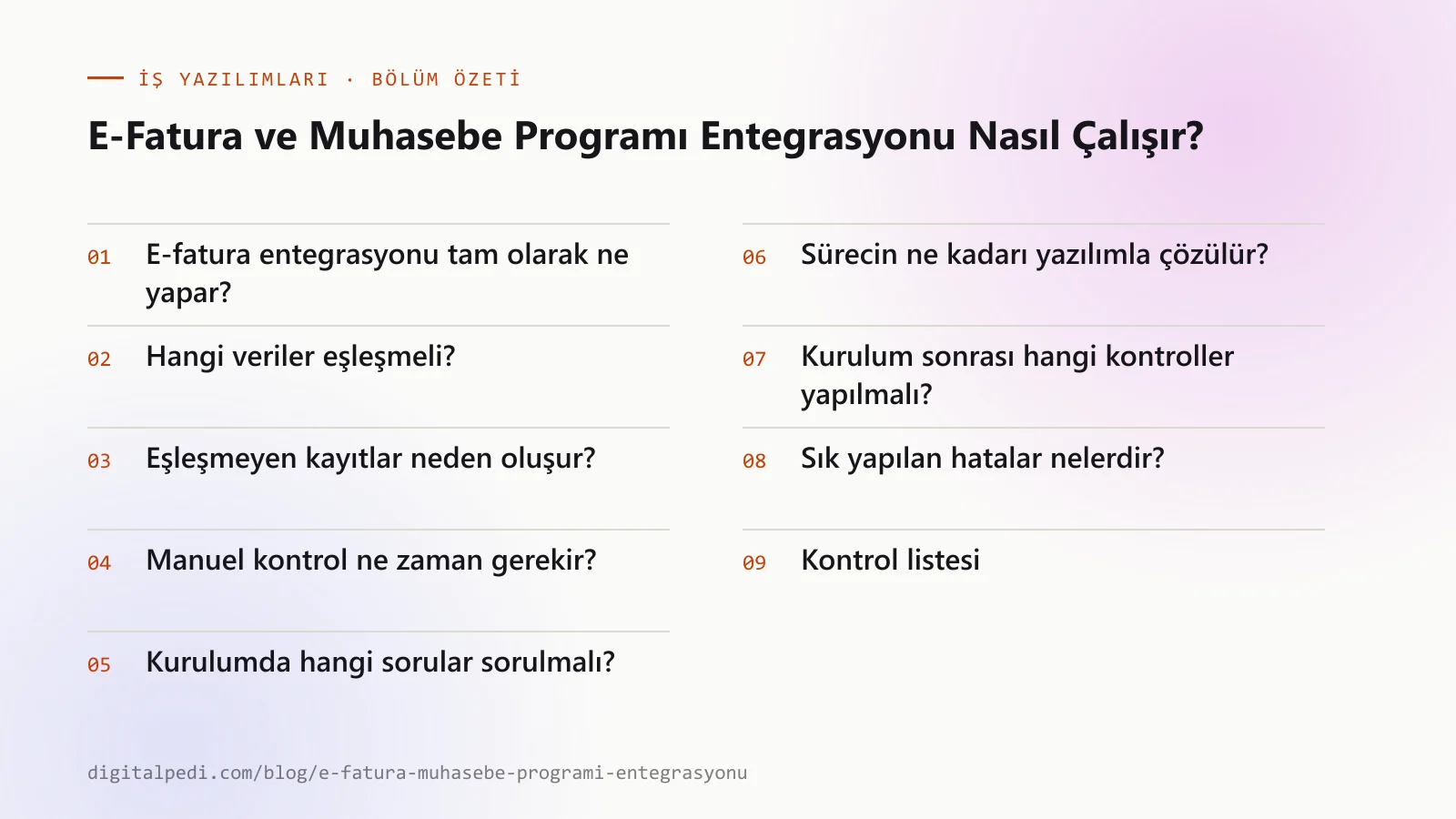 E-Fatura ve Muhasebe Programı Entegrasyonu Nasıl Çalışır? — bölüm özeti: E-fatura entegrasyonu tam olarak ne yapar?; Hangi veriler eşleşmeli?; Eşleşmeyen kayıtlar neden oluşur?; Manuel kontrol ne zaman gerekir?; Kurulumda hangi sorular sorulmalı?; Sürecin ne kadarı yazılımla çözülür?; Kurulum sonrası hangi kontroller yapılmalı?; Sık yapılan hatalar nelerdir?; Kontrol listesi