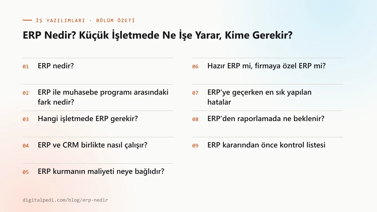 ERP Nedir? Küçük İşletmede Ne İşe Yarar, Kime Gerekir? — bölüm özeti: ERP nedir?; ERP ile muhasebe programı arasındaki fark nedir?; Hangi işletmede ERP gerekir?; ERP ve CRM birlikte nasıl çalışır?; ERP kurmanın maliyeti neye bağlıdır?; Hazır ERP mi, firmaya özel ERP mi?; ERP’ye geçerken en sık yapılan hatalar; ERP’den raporlamada ne beklenir?; ERP kararından önce kontrol listesi
