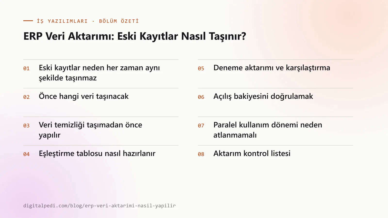 ERP Veri Aktarımı: Eski Kayıtlar Nasıl Taşınır? — bölüm özeti: Eski kayıtlar neden her zaman aynı şekilde taşınmaz; Önce hangi veri taşınacak; Veri temizliği taşımadan önce yapılır; Eşleştirme tablosu nasıl hazırlanır; Deneme aktarımı ve karşılaştırma; Açılış bakiyesini doğrulamak; Paralel kullanım dönemi neden atlanmamalı; Kesinti planı ve geri dönüş yolu; Aktarım kontrol listesi