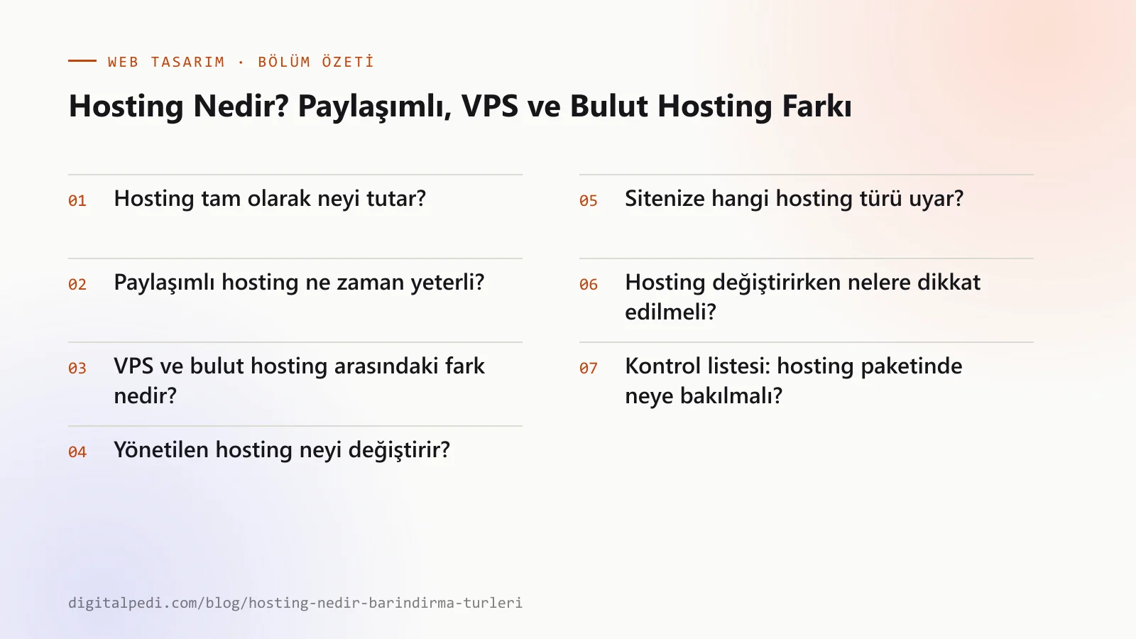 Hosting Nedir? Paylaşımlı, VPS ve Bulut Hosting Farkı — bölüm özeti: Hosting tam olarak neyi tutar?; Paylaşımlı hosting ne zaman yeterli?; VPS ve bulut hosting arasındaki fark nedir?; Yönetilen hosting neyi değiştirir?; Hosting hızı neden önemlidir?; Yedekleme ve güvenlik hosting kararına neden girer?; Sitenize hangi hosting türü uyar?; Paket seçiminde yazılı teklif neden önemli?; Hosting değiştirirken nelere dikkat edilmeli?; Kontrol listesi: hosting paketinde neye bakılmalı?