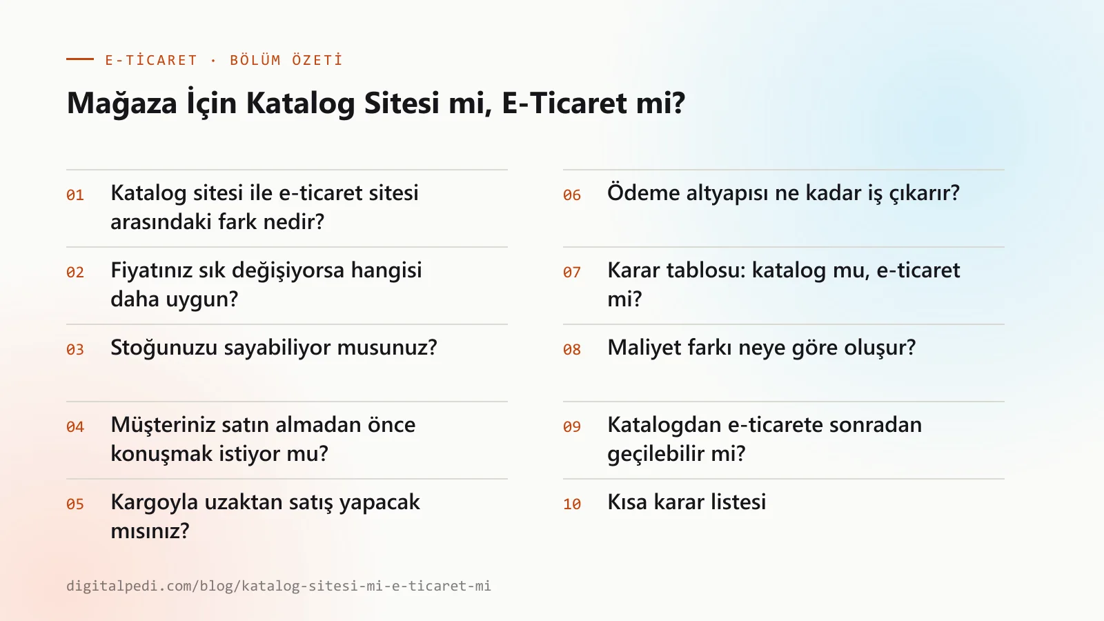 Mağaza İçin Katalog Sitesi mi, E-Ticaret mi? — bölüm özeti: Katalog sitesi ile e-ticaret sitesi arasındaki fark nedir?; Fiyatınız sık değişiyorsa hangisi daha uygun?; Stoğunuzu sayabiliyor musunuz?; Müşteriniz satın almadan önce konuşmak istiyor mu?; Kargoyla uzaktan satış yapacak mısınız?; Ödeme altyapısı ne kadar iş çıkarır?; Karar tablosu: katalog mu, e-ticaret mi?; Maliyet farkı neye göre oluşur?; Katalogdan e-ticarete sonradan geçilebilir mi?; Kısa karar listesi