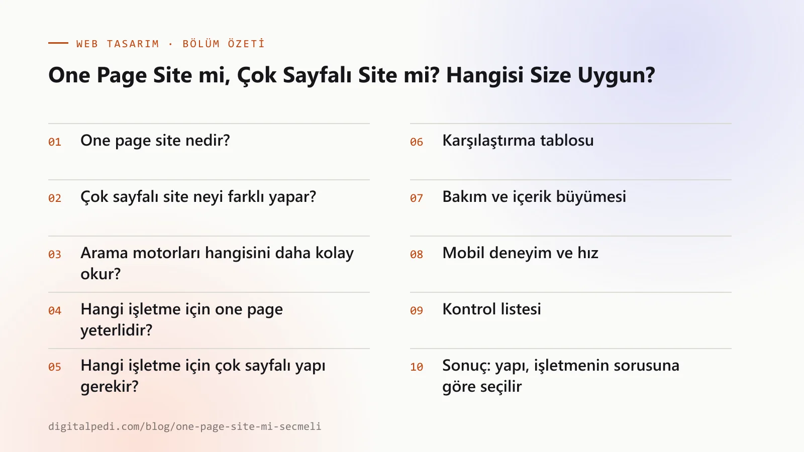 One Page Site mi, Çok Sayfalı Site mi? Hangisi Size Uygun? — bölüm özeti: One page site nedir?; Çok sayfalı site neyi farklı yapar?; Arama motorları hangisini daha kolay okur?; Hangi işletme için one page yeterlidir?; Hangi işletme için çok sayfalı yapı gerekir?; Karşılaştırma tablosu; Bakım ve içerik büyümesi; Mobil deneyim ve hız; Kontrol listesi; Sonuç: yapı, işletmenin sorusuna göre seçilir
