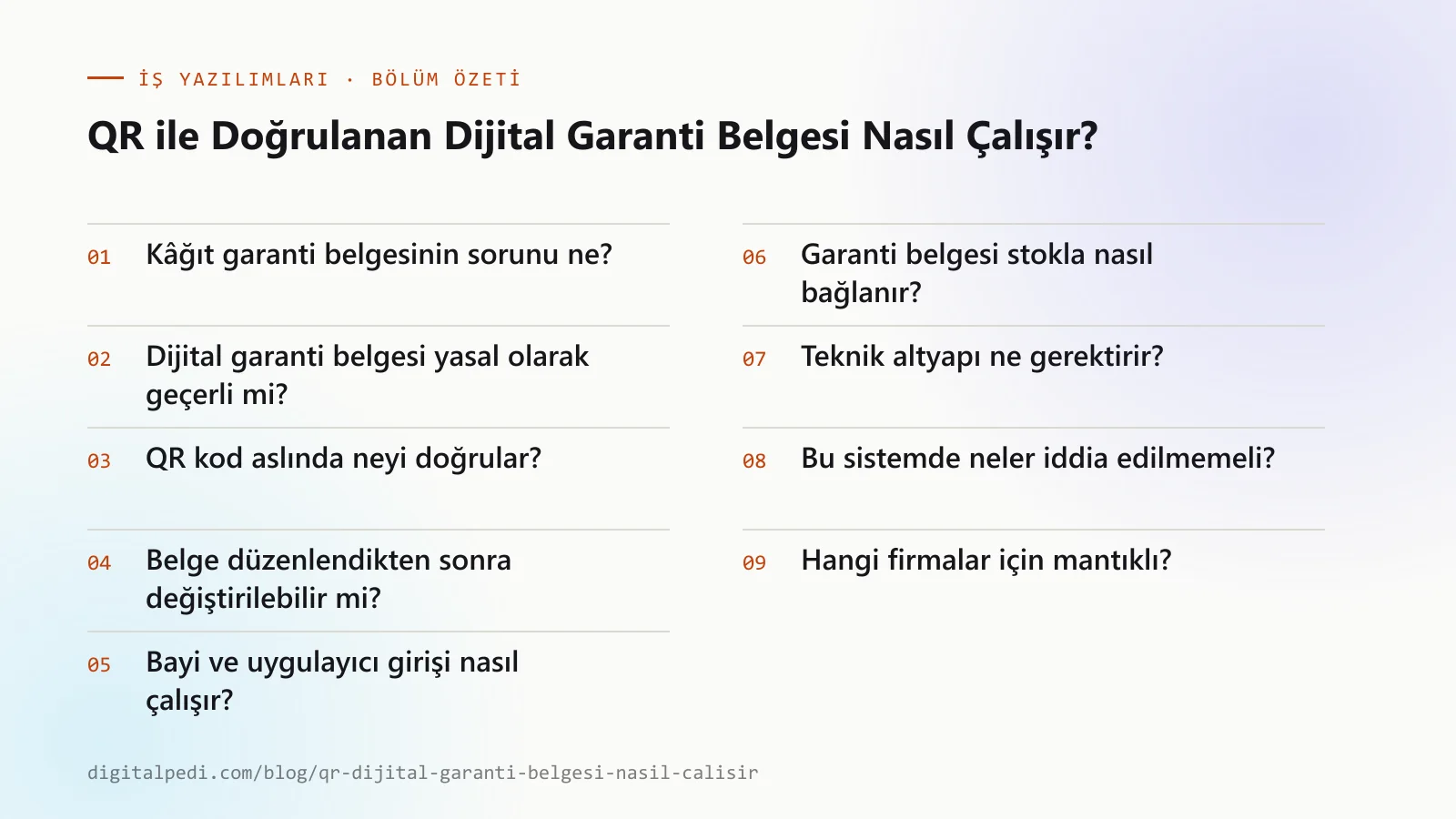 QR ile Doğrulanan Dijital Garanti Belgesi Nasıl Çalışır? — bölüm özeti: Kâğıt garanti belgesinin sorunu ne?; Dijital garanti belgesi yasal olarak geçerli mi?; QR kod aslında neyi doğrular?; Belge düzenlendikten sonra değiştirilebilir mi?; Bayi ve uygulayıcı girişi nasıl çalışır?; Garanti belgesi stokla nasıl bağlanır?; Teknik altyapı ne gerektirir?; Bu sistemde neler iddia edilmemeli?; Hangi firmalar için mantıklı?