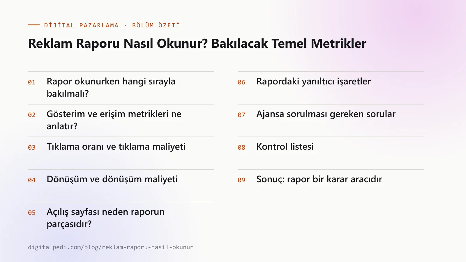Reklam Raporu Nasıl Okunur? Bakılacak Temel Metrikler — bölüm özeti: Rapor okunurken hangi sırayla bakılmalı?; Gösterim ve erişim metrikleri ne anlatır?; Tıklama oranı ve tıklama maliyeti; Dönüşüm ve dönüşüm maliyeti; Açılış sayfası neden raporun parçasıdır?; Rapordaki yanıltıcı işaretler; Ajansa sorulması gereken sorular; Kontrol listesi; Sonuç: rapor bir karar aracıdır