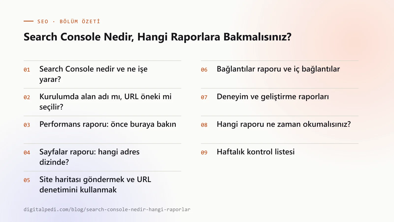 Search Console Nedir, Hangi Raporlara Bakmalısınız? — bölüm özeti: Search Console nedir ve ne işe yarar?; Kurulumda alan adı mı, URL öneki mi seçilir?; Performans raporu: önce buraya bakın; Sayfalar raporu: hangi adres dizinde?; Site haritası göndermek ve URL denetimini kullanmak; Bağlantılar raporu ve iç bağlantılar; Deneyim ve geliştirme raporları; Hangi raporu ne zaman okumalısınız?; Haftalık kontrol listesi