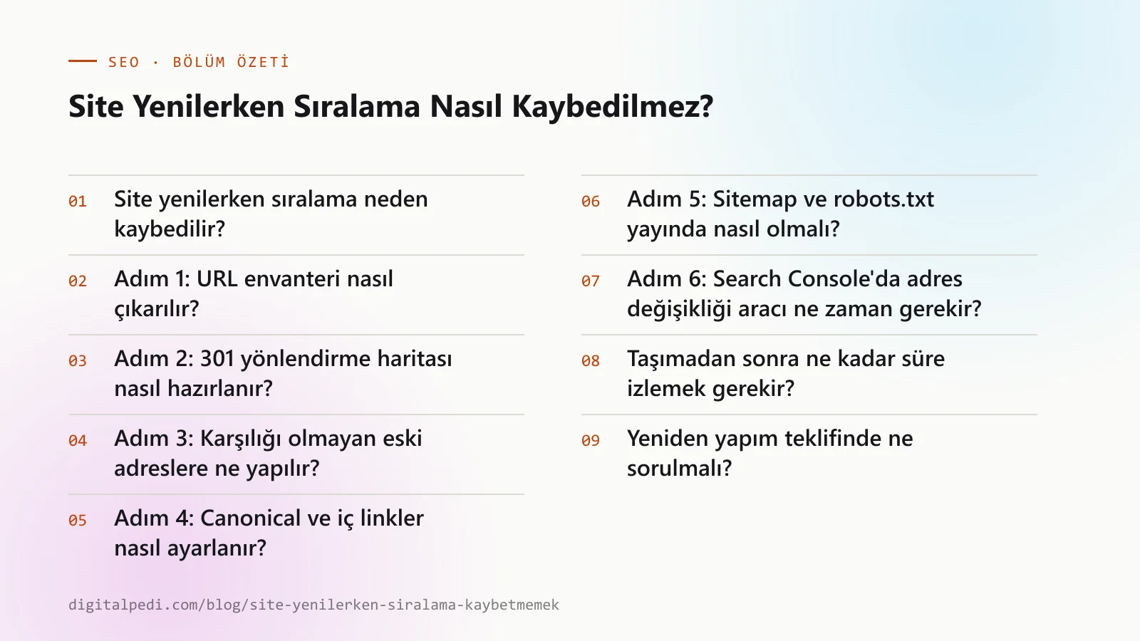 Site Yenilerken Sıralama Nasıl Kaybedilmez? — bölüm özeti: Site yenilerken sıralama neden kaybedilir?; Adım 1: URL envanteri nasıl çıkarılır?; Adım 2: 301 yönlendirme haritası nasıl hazırlanır?; Adım 3: Karşılığı olmayan eski adreslere ne yapılır?; Adım 4: Canonical ve iç linkler nasıl ayarlanır?; Adım 5: Sitemap ve robots.txt yayında nasıl olmalı?; Adım 6: Search Console’da adres değişikliği aracı ne zaman gerekir?; Taşımadan sonra ne kadar süre izlemek gerekir?; Yeniden yapım teklifinde ne sorulmalı?