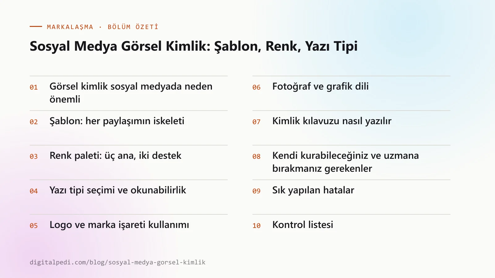 Sosyal Medya Görsel Kimlik: Şablon, Renk, Yazı Tipi — bölüm özeti: Görsel kimlik sosyal medyada neden önemli; Şablon: her paylaşımın iskeleti; Renk paleti: üç ana, iki destek; Yazı tipi seçimi ve okunabilirlik; Logo ve marka işareti kullanımı; Fotoğraf ve grafik dili; Kimlik kılavuzu nasıl yazılır; Kendi kurabileceğiniz ve uzmana bırakmanız gerekenler; Sık yapılan hatalar; Kontrol listesi