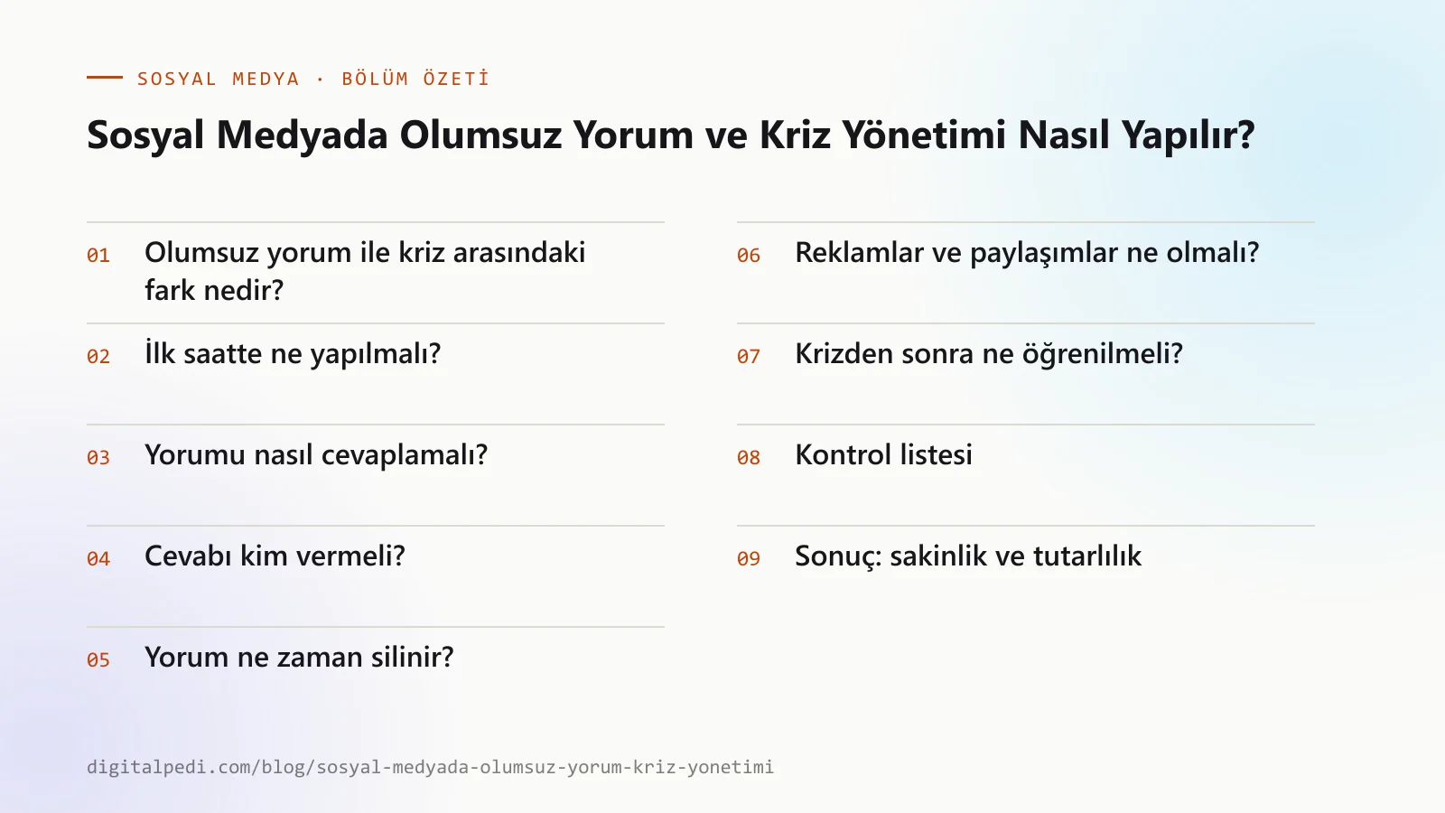 Sosyal Medyada Olumsuz Yorum ve Kriz Yönetimi Nasıl Yapılır? — bölüm özeti: Olumsuz yorum ile kriz arasındaki fark nedir?; İlk saatte ne yapılmalı?; Yorumu nasıl cevaplamalı?; Cevabı kim vermeli?; Yorum ne zaman silinir?; Reklamlar ve paylaşımlar ne olmalı?; Krizden sonra ne öğrenilmeli?; Kontrol listesi; Sonuç: sakinlik ve tutarlılık