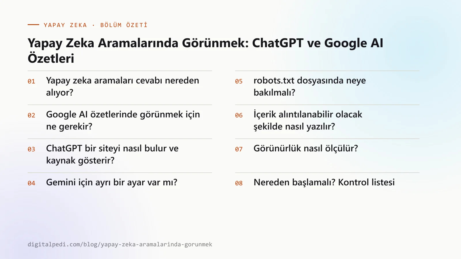 Yapay Zeka Aramalarında Görünmek: ChatGPT ve Google AI Özetleri — bölüm özeti: Yapay zeka aramaları cevabı nereden alıyor?; Google AI özetlerinde görünmek için ne gerekir?; ChatGPT bir siteyi nasıl bulur ve kaynak gösterir?; Gemini için ayrı bir ayar var mı?; robots.txt dosyasında neye bakılmalı?; İçerik alıntılanabilir olacak şekilde nasıl yazılır?; Görünürlük nasıl ölçülür?; Nereden başlamalı? Kontrol listesi