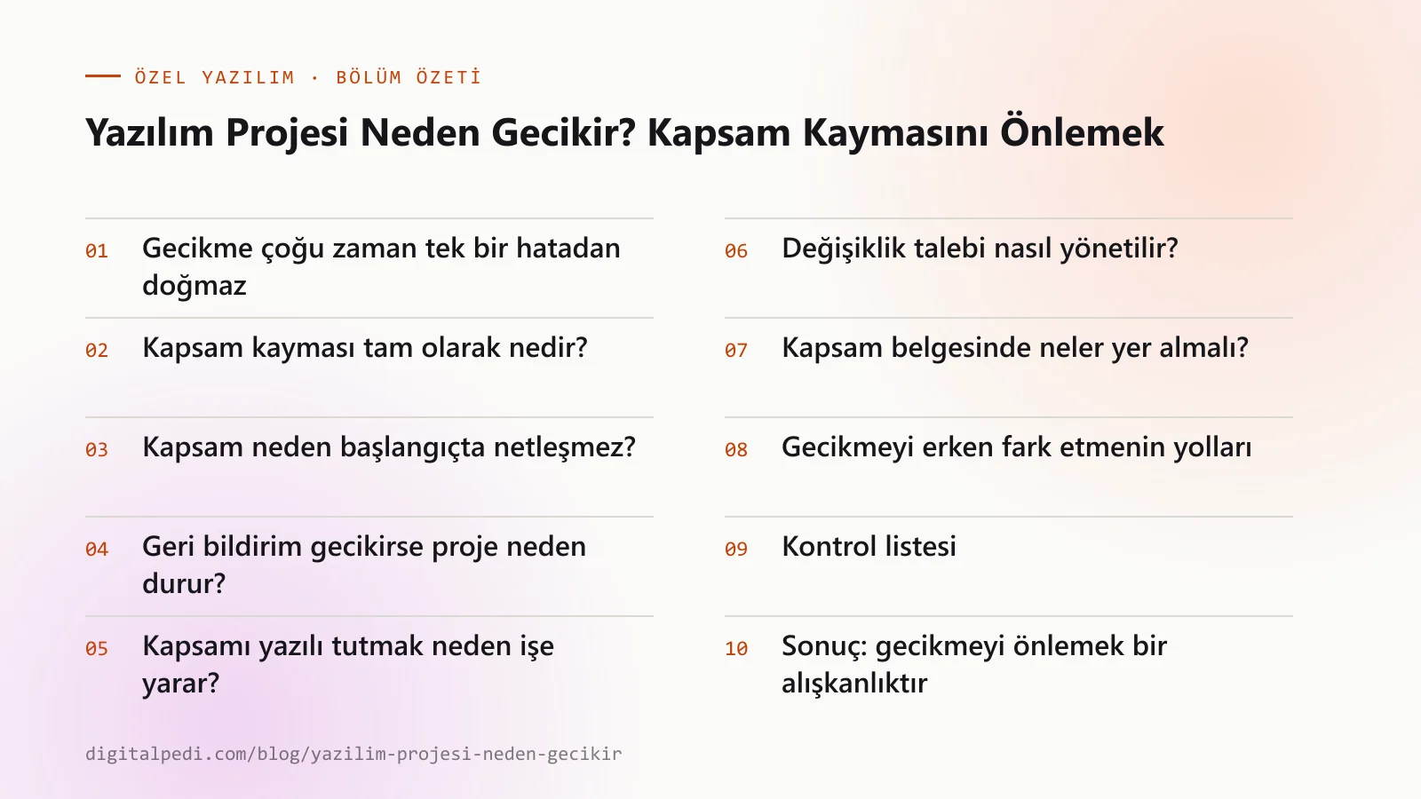 Yazılım Projesi Neden Gecikir? Kapsam Kaymasını Önlemek — bölüm özeti: Gecikme çoğu zaman tek bir hatadan doğmaz; Kapsam kayması tam olarak nedir?; Kapsam neden başlangıçta netleşmez?; Geri bildirim gecikirse proje neden durur?; Kapsamı yazılı tutmak neden işe yarar?; Değişiklik talebi nasıl yönetilir?; Kapsam belgesinde neler yer almalı?; Gecikmeyi erken fark etmenin yolları; Kontrol listesi; Sonuç: gecikmeyi önlemek bir alışkanlıktır