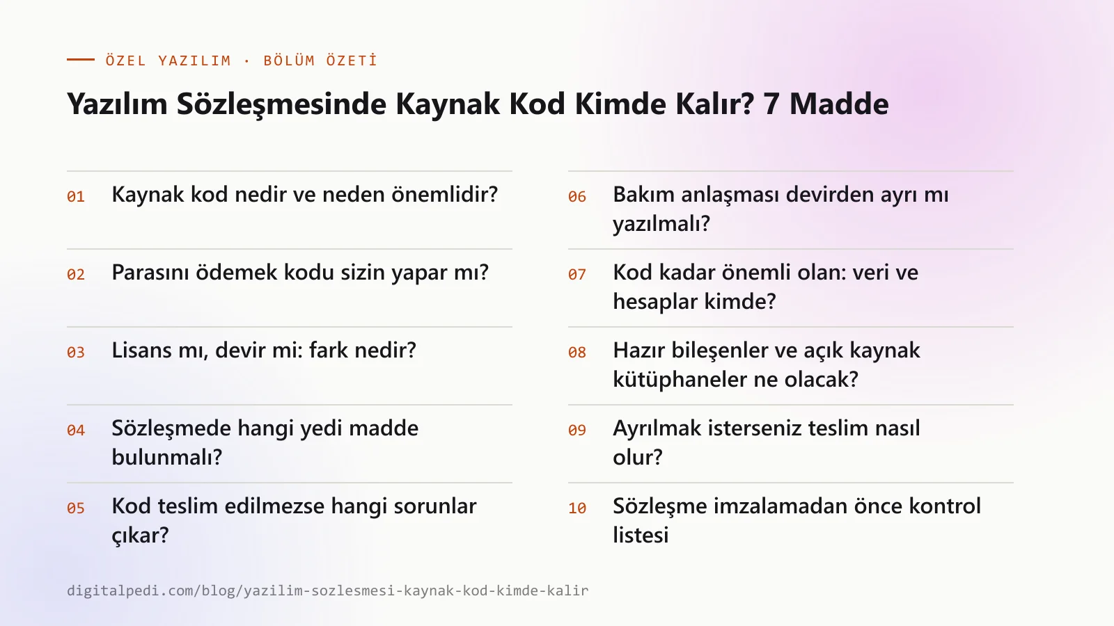 Yazılım Sözleşmesinde Kaynak Kod Kimde Kalır? 7 Madde — bölüm özeti: Kaynak kod nedir ve neden önemlidir?; Parasını ödemek kodu sizin yapar mı?; Lisans mı, devir mi: fark nedir?; Sözleşmede hangi yedi madde bulunmalı?; Kod teslim edilmezse hangi sorunlar çıkar?; Bakım anlaşması devirden ayrı mı yazılmalı?; Kod kadar önemli olan: veri ve hesaplar kimde?; Hazır bileşenler ve açık kaynak kütüphaneler ne olacak?; Ayrılmak isterseniz teslim nasıl olur?; Sözleşme imzalamadan önce kontrol listesi