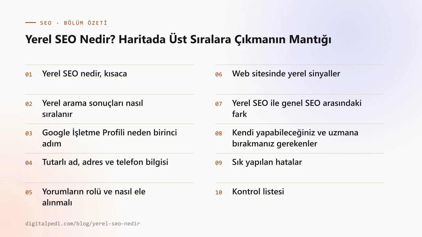 Yerel SEO Nedir? Haritada Üst Sıralara Çıkmanın Mantığı — bölüm özeti: Yerel SEO nedir, kısaca; Yerel arama sonuçları nasıl sıralanır; Google İşletme Profili neden birinci adım; Tutarlı ad, adres ve telefon bilgisi; Yorumların rolü ve nasıl ele alınmalı; Web sitesinde yerel sinyaller; Yerel SEO ile genel SEO arasındaki fark; Kendi yapabileceğiniz ve uzmana bırakmanız gerekenler; Sık yapılan hatalar; Kontrol listesi